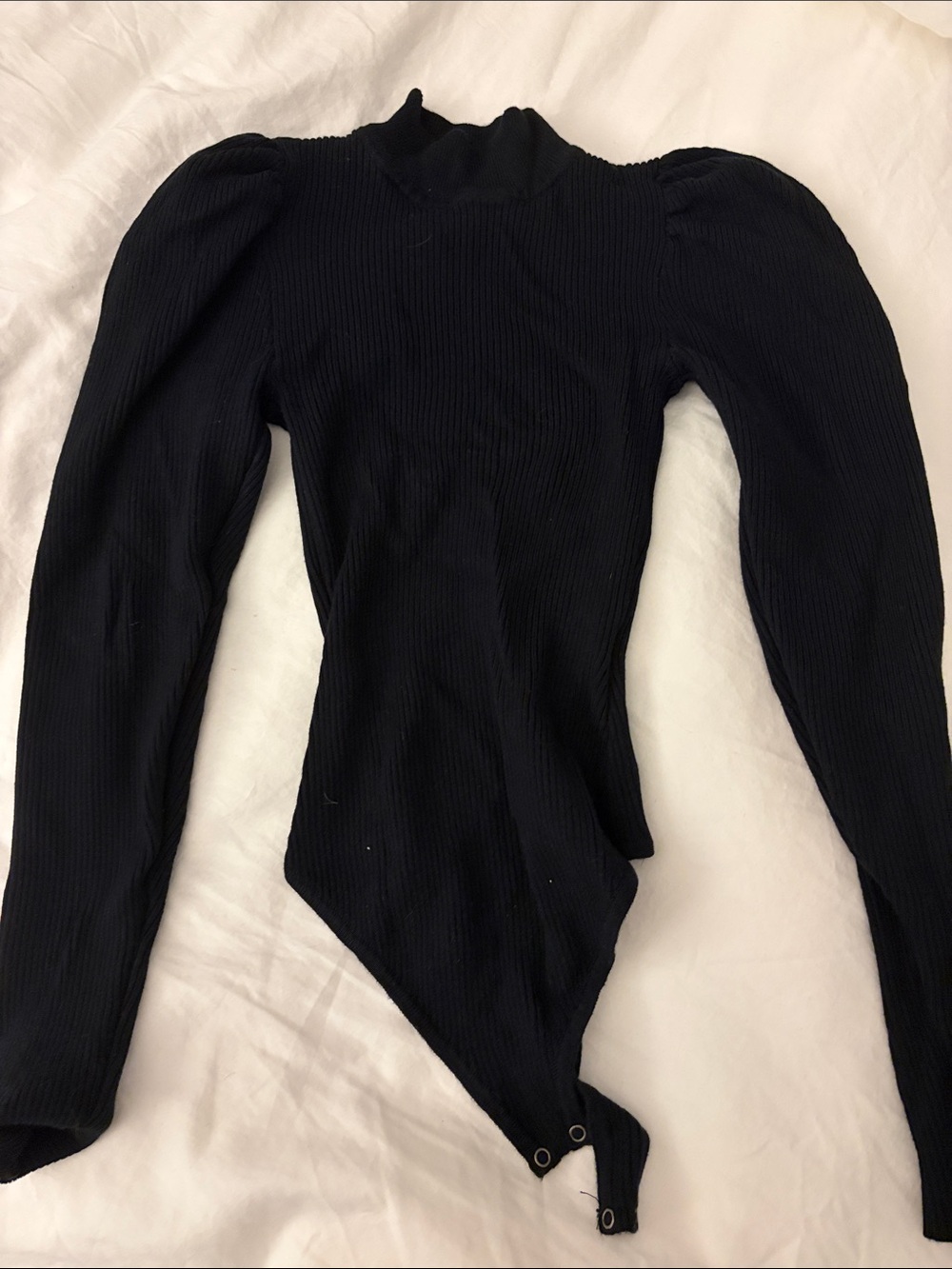 Abercrombie & Fitch Black Ribbed Puff-Sleeve Mock Neck Bodysuit